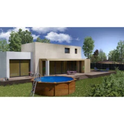GRE Piscine Ronde Acier Gré Sicilia Imitation Bois - Ø 3,50 X 1,20 M -Piscine Famille kitpr453w piscine ronde acier gre sicilia imitation bois 460 120 ambiance 1
